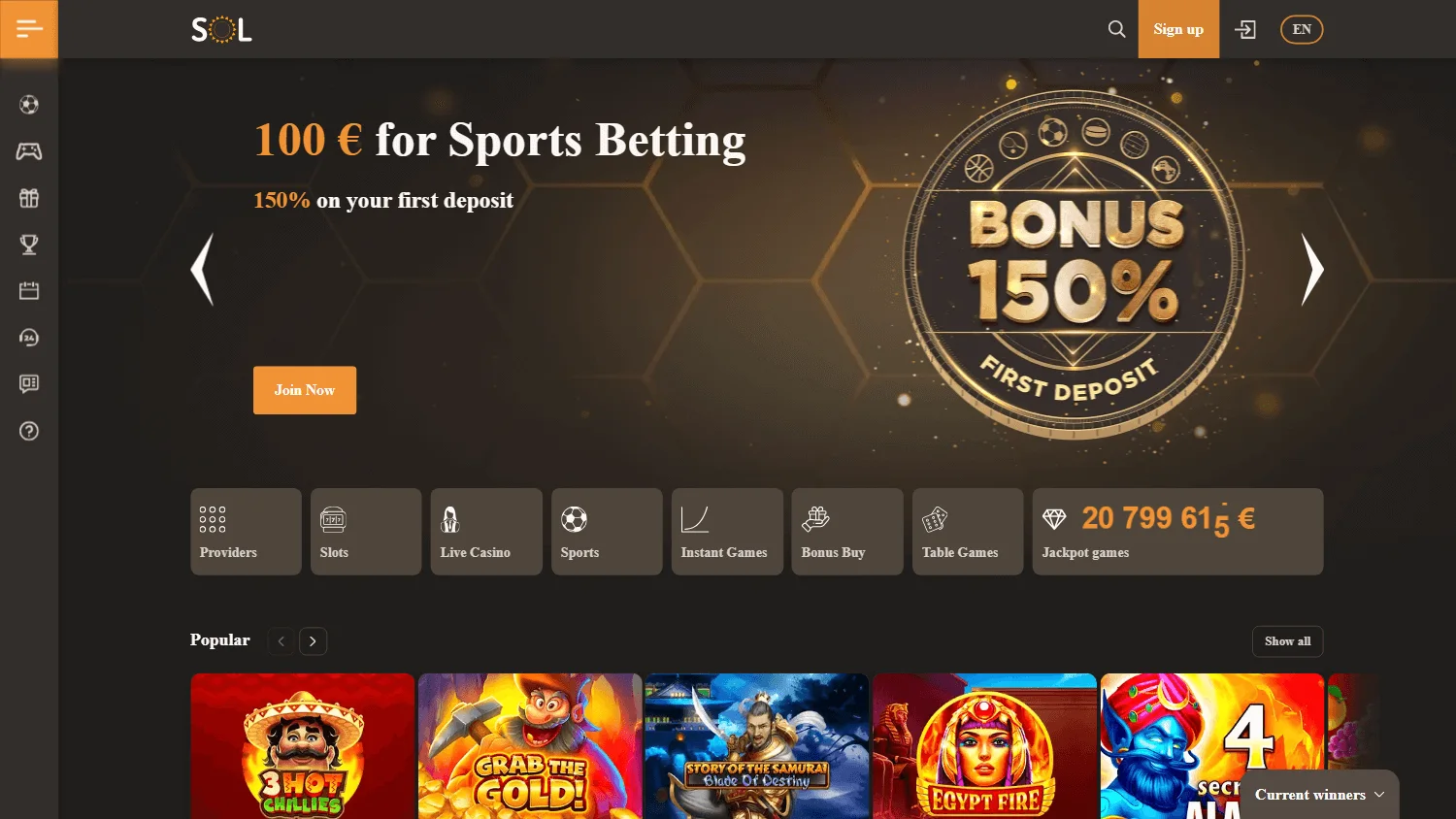 Sol Casino home page on a desktop computer