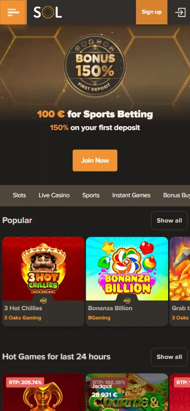 Sol Casino home page on a mobile device